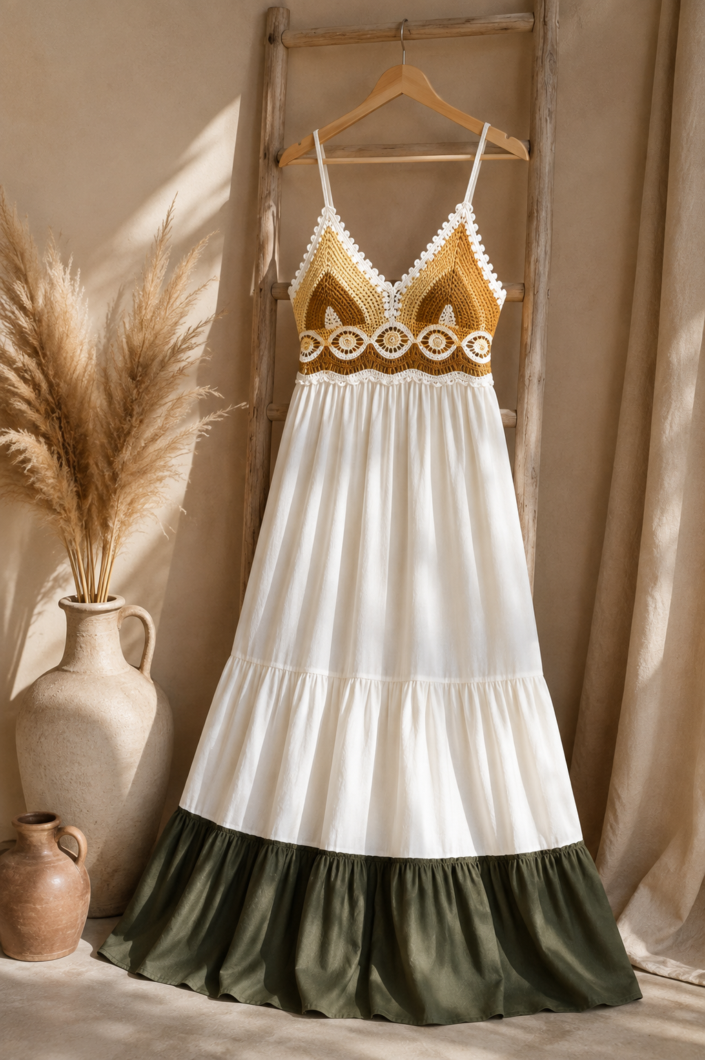 Robe Longue Bohème Élégance Crochet – Blanc Cassé & Vert Olive