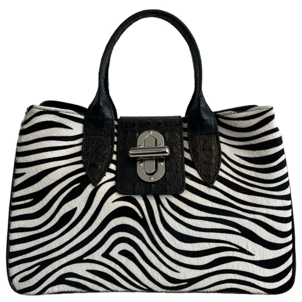 Sac à main Modarno en cuir véritable avec imprimé crocodile et poney 35x18x24 cm: Panthère noire