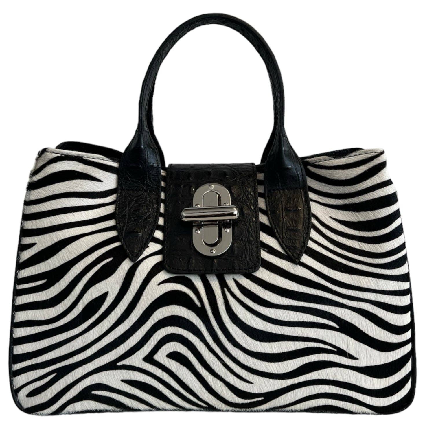 Sac à main Modarno en cuir véritable avec imprimé crocodile et poney 35x18x24 cm: Panthère noire
