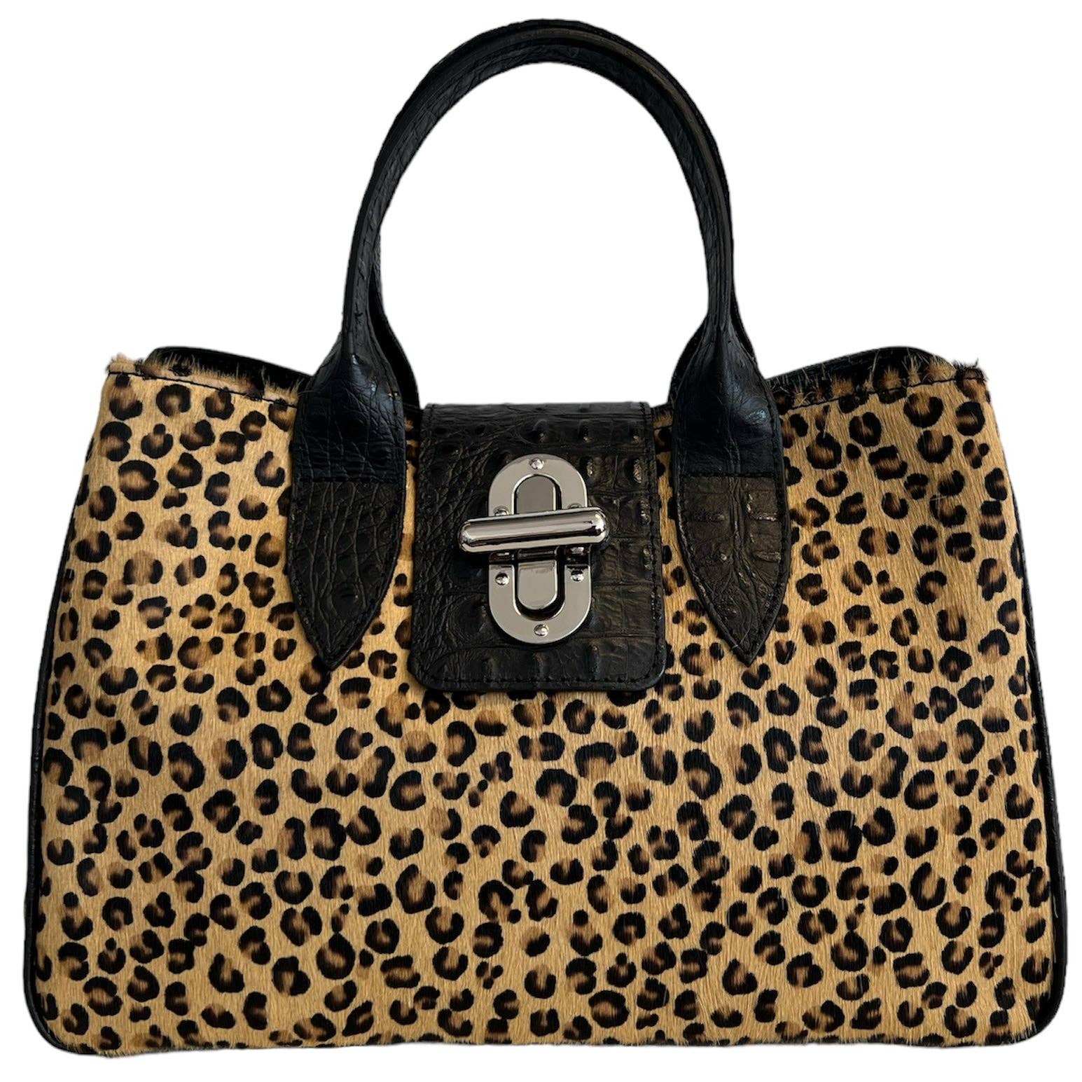 Sac à main Modarno en cuir véritable avec imprimé crocodile et poney 35x18x24 cm: Panthère noire