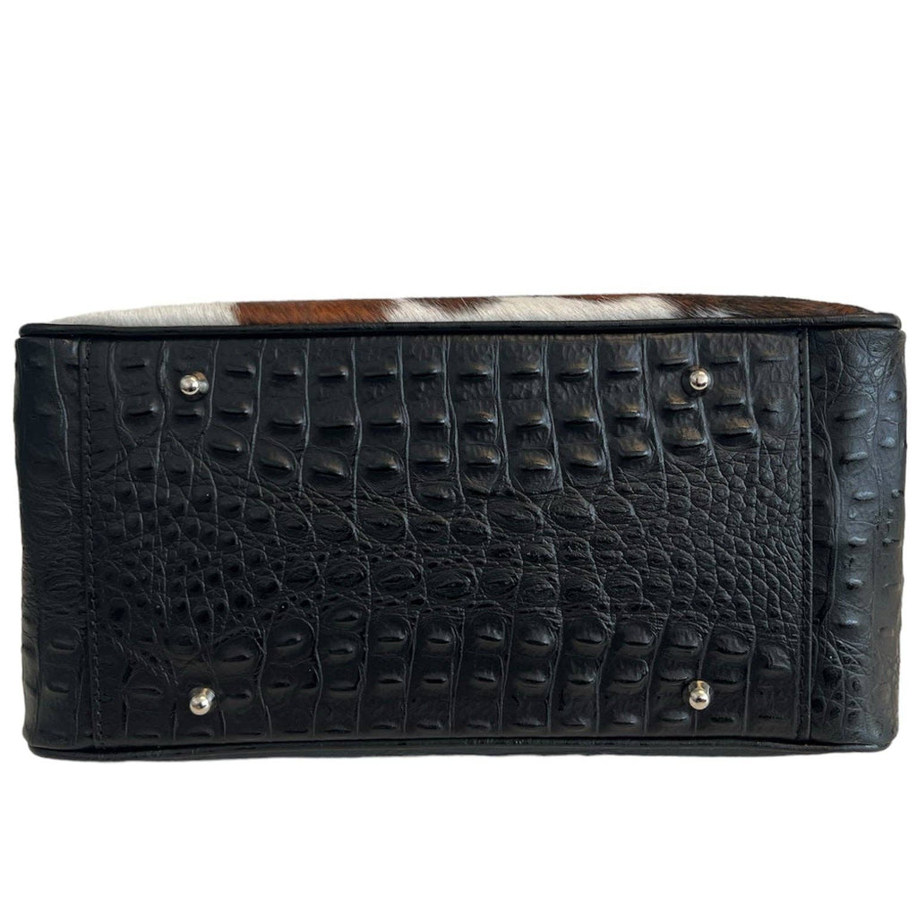 Sac à main Modarno en cuir véritable avec imprimé crocodile et poney 35x18x24 cm: Panthère noire