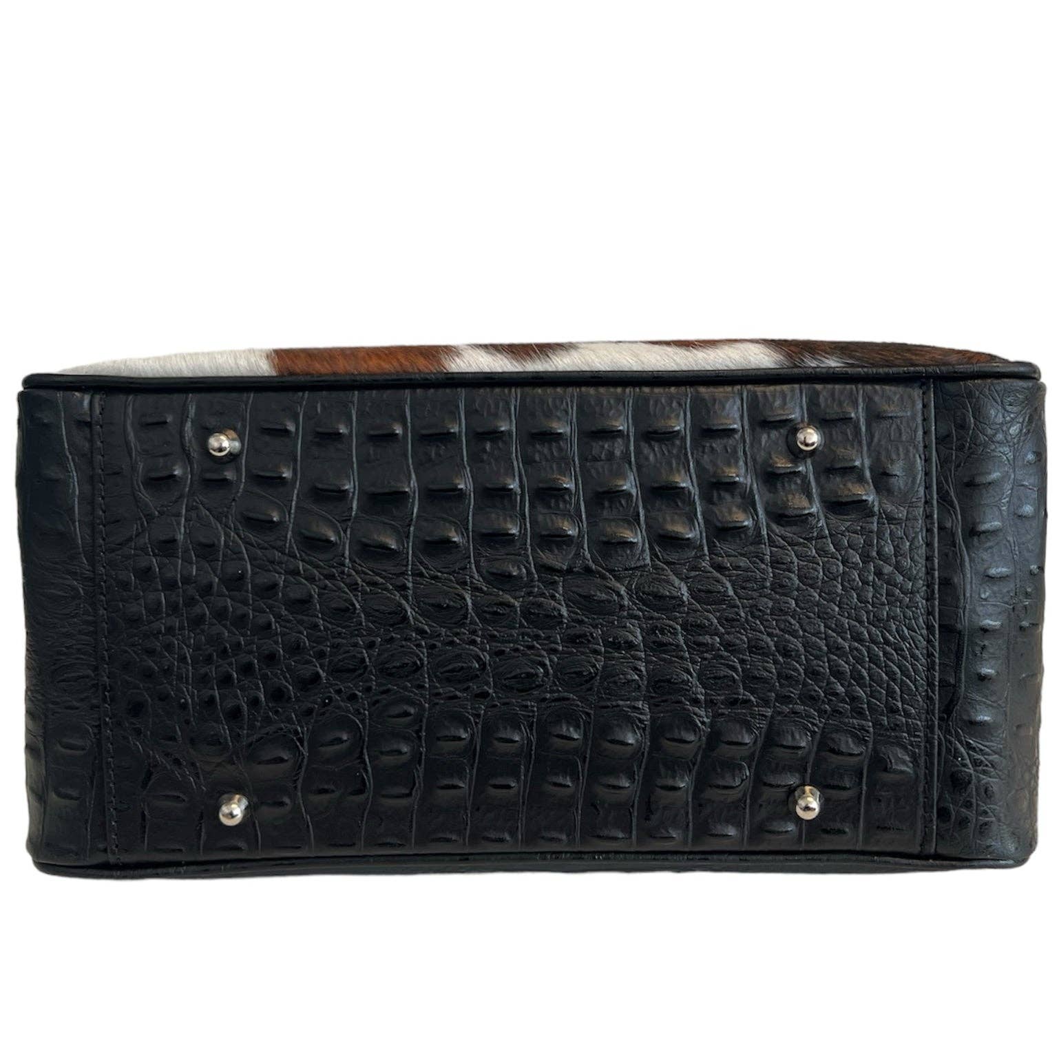 Sac à main Modarno en cuir véritable avec imprimé crocodile et poney 35x18x24 cm: Panthère noire