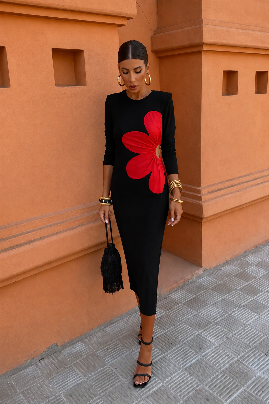 Maxikleid mit Blumenmuster - Schwarz/Rot