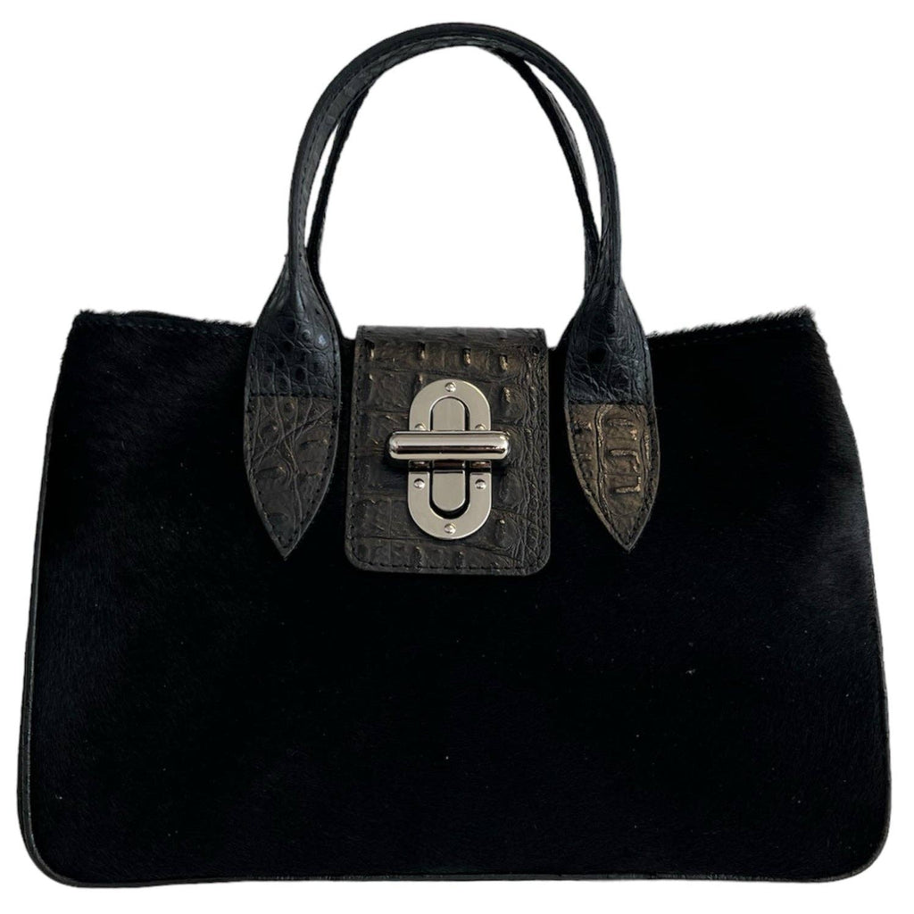 Sac à main Modarno en cuir véritable avec imprimé crocodile et poney 35x18x24 cm: Panthère noire