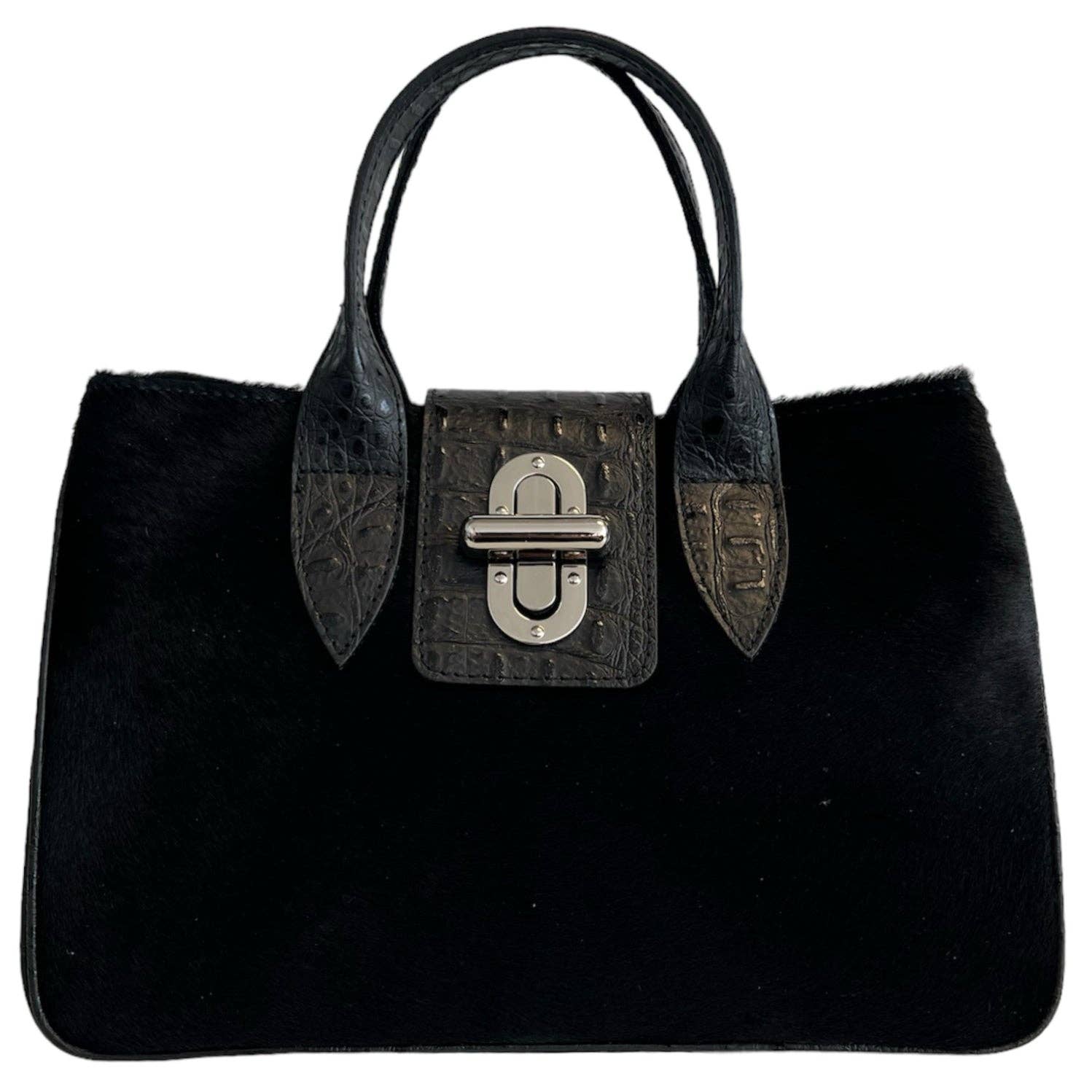 Sac à main Modarno en cuir véritable avec imprimé crocodile et poney 35x18x24 cm: Panthère noire