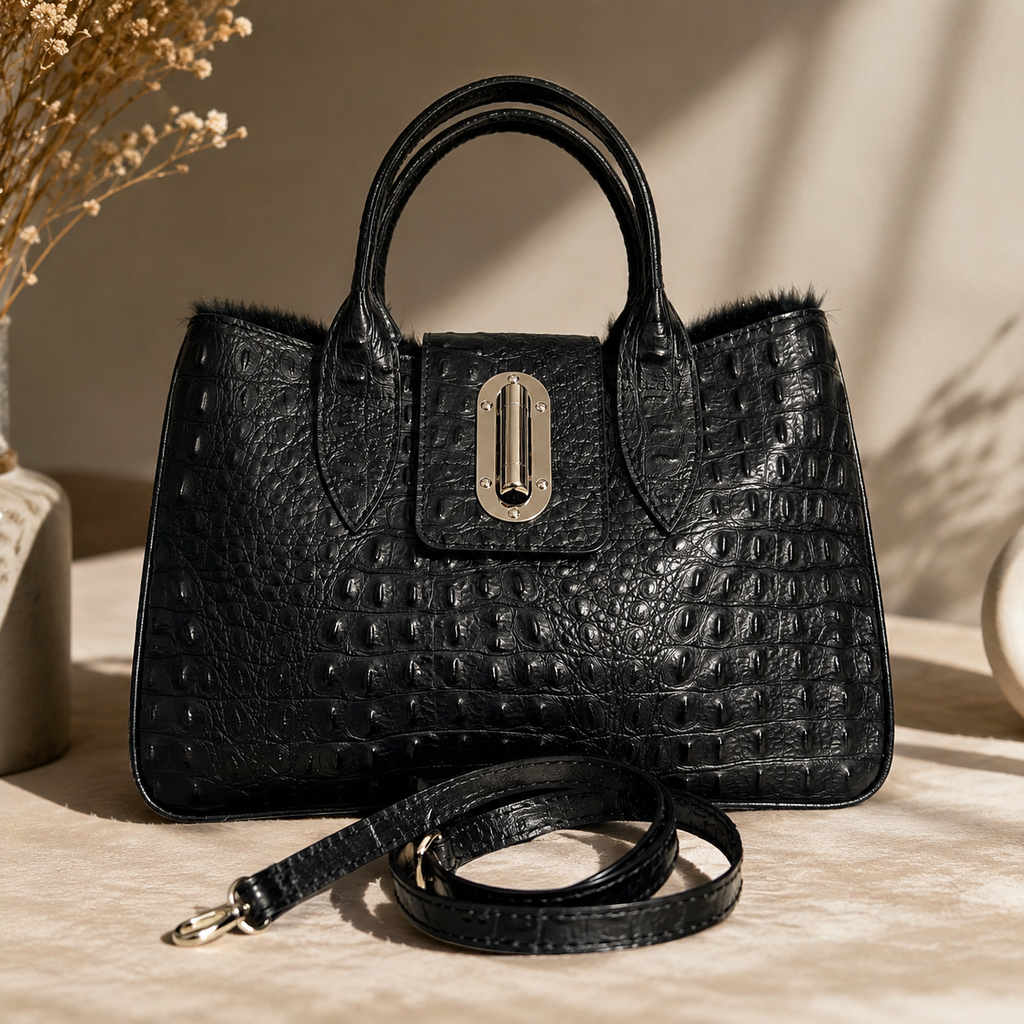 Handtasche aus Leder mit Krokodilprägung - Schwarzer Panther