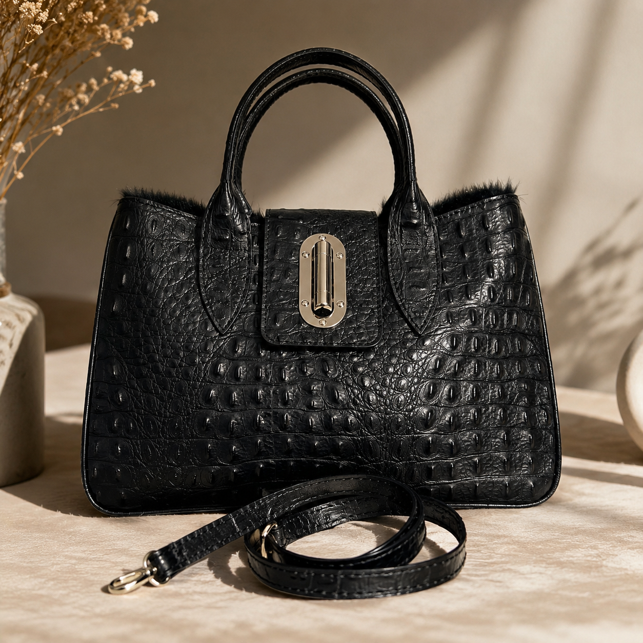 Handtasche aus Leder mit Krokodilprägung - Schwarzer Panther