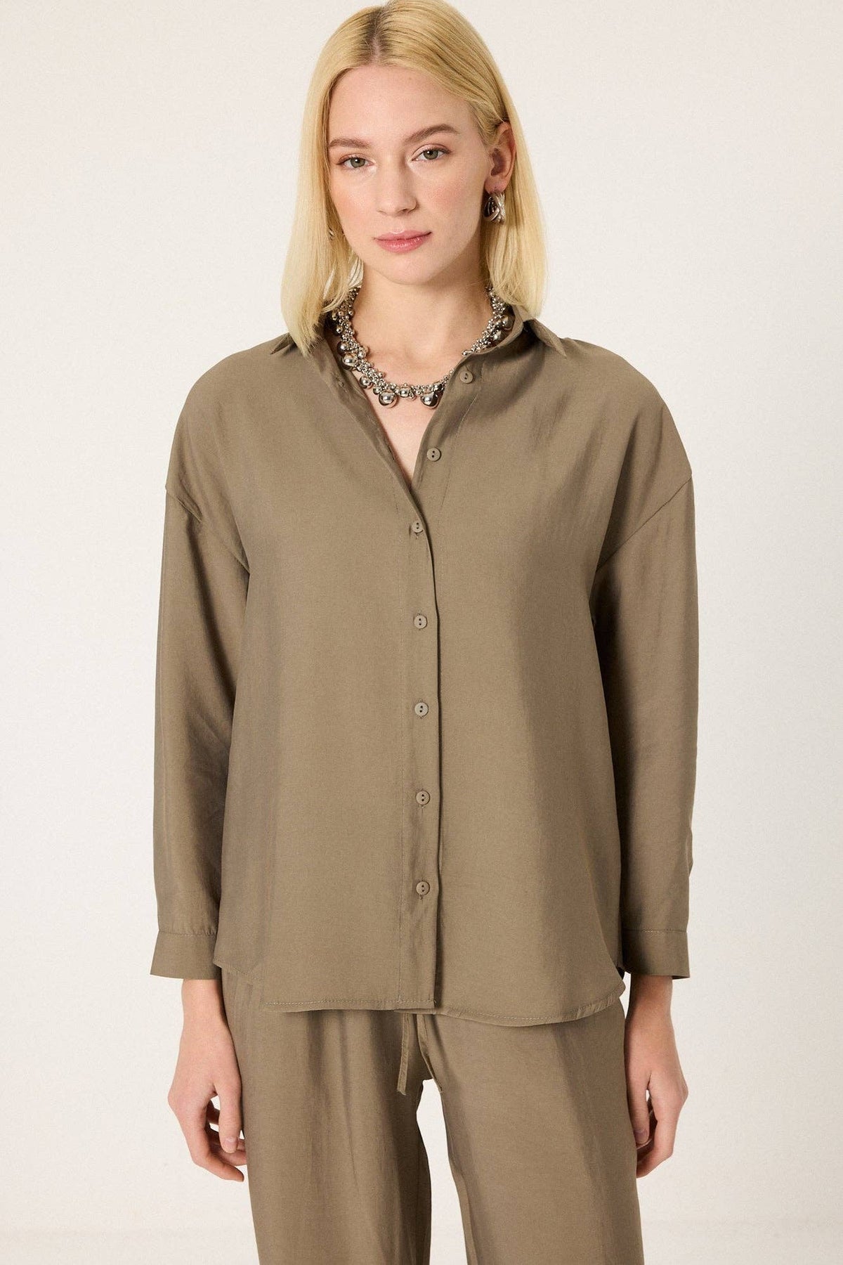 Ensemble coordonné en coton-modèle coupe décontractée – chemise et pantalon à jambes larges