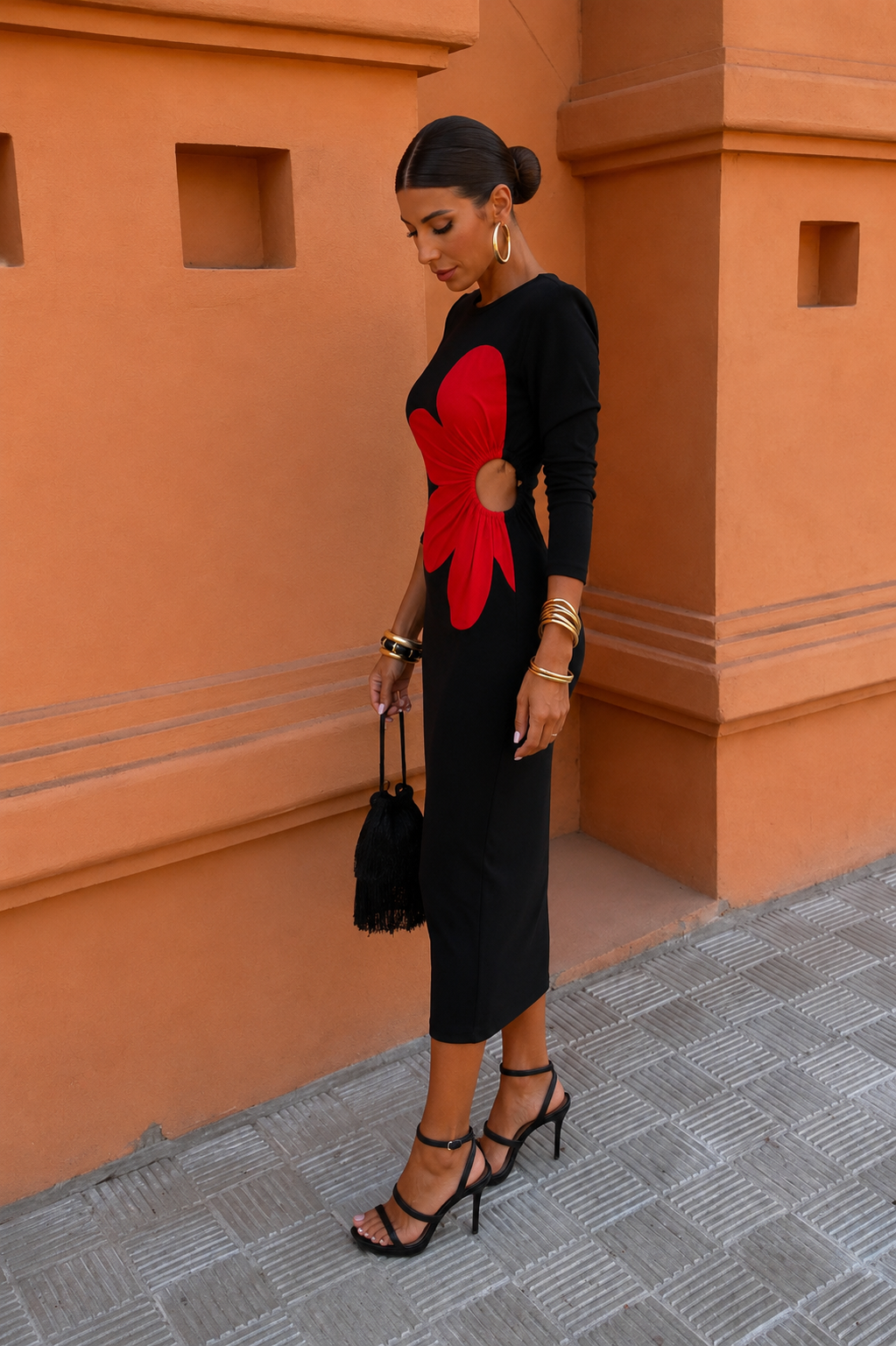 Maxikleid mit Blumenmuster - Schwarz/Rot