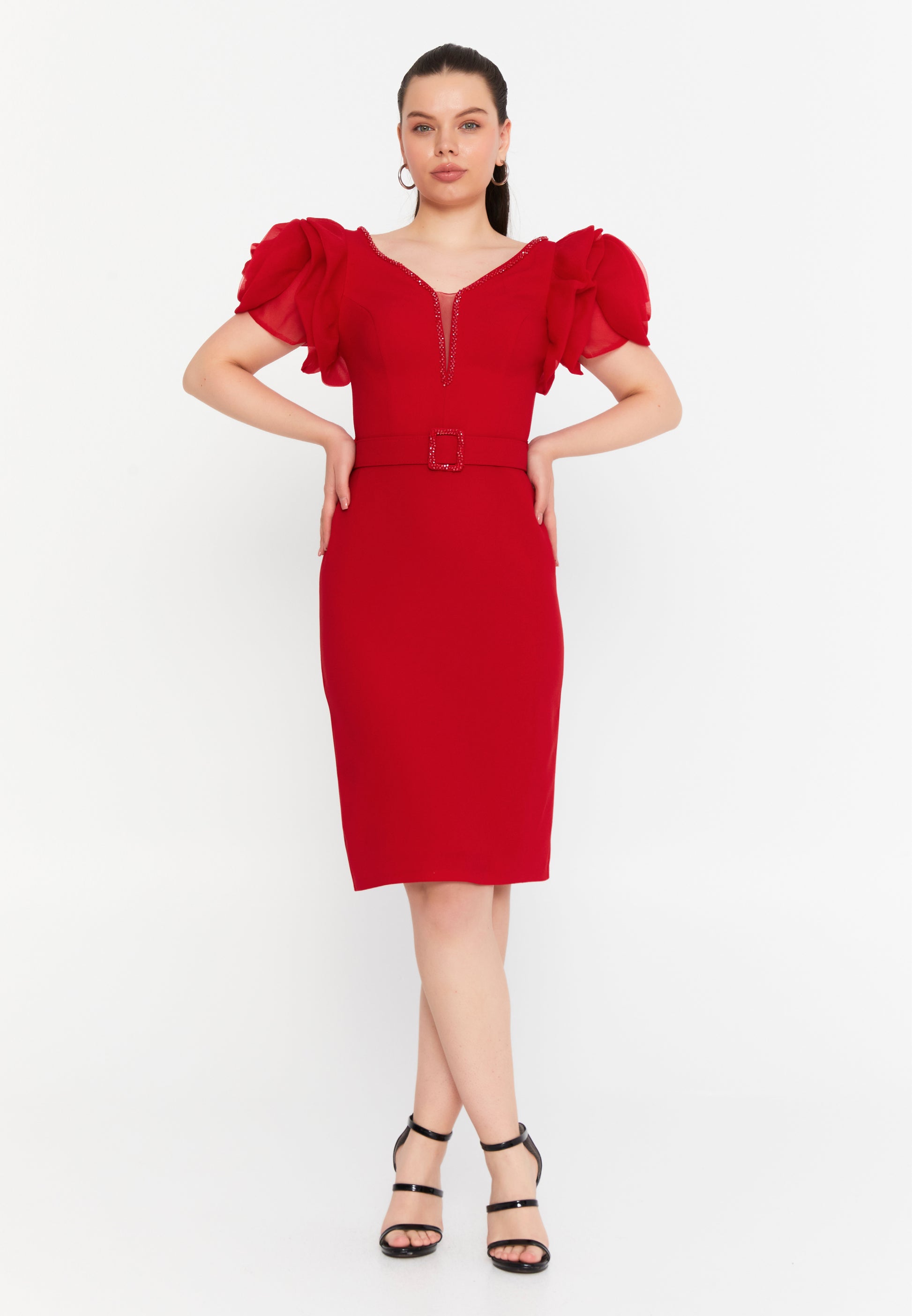 Robe Midi Rouge Élégance Rosalie – Manches Fleuries & Ceinture