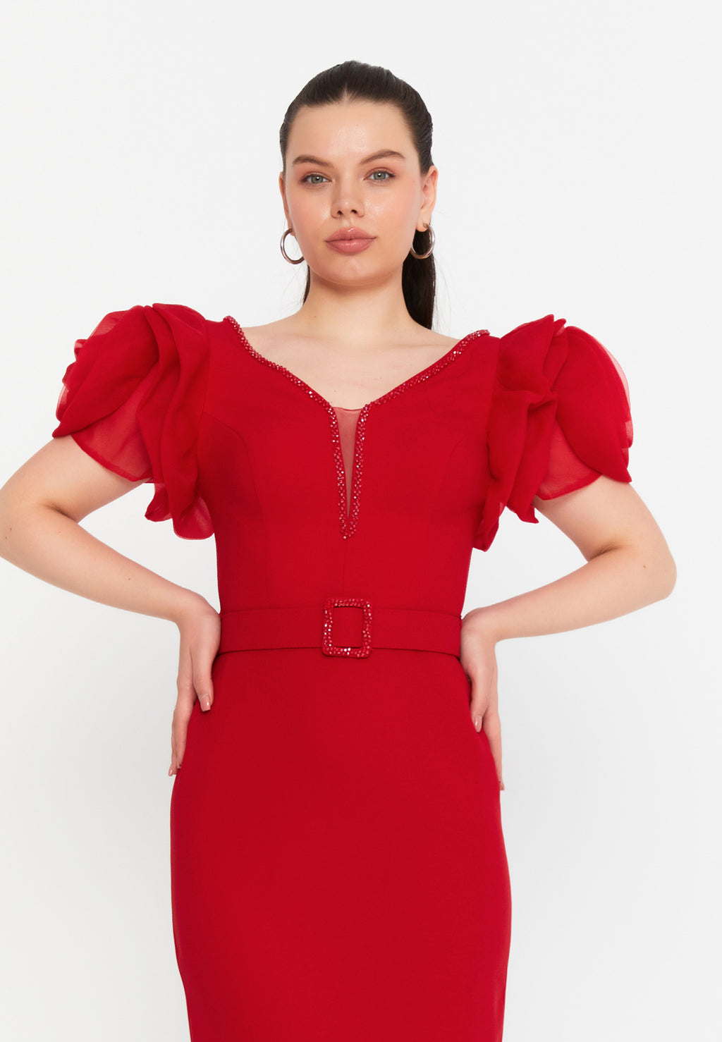 Robe Midi Rouge Élégance Rosalie – Manches Fleuries & Ceinture