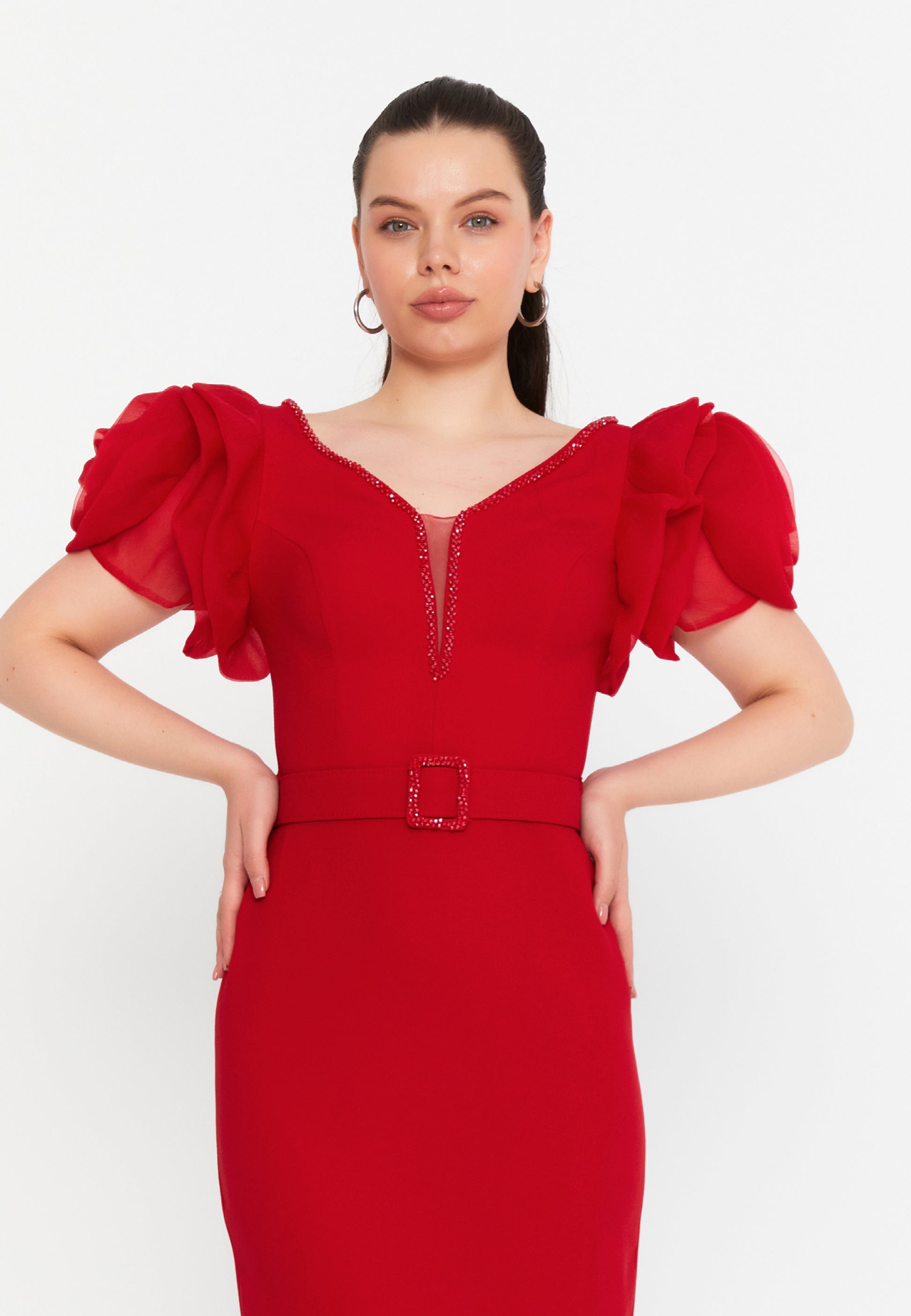 Robe Midi Rouge Élégance Rosalie – Manches Fleuries & Ceinture