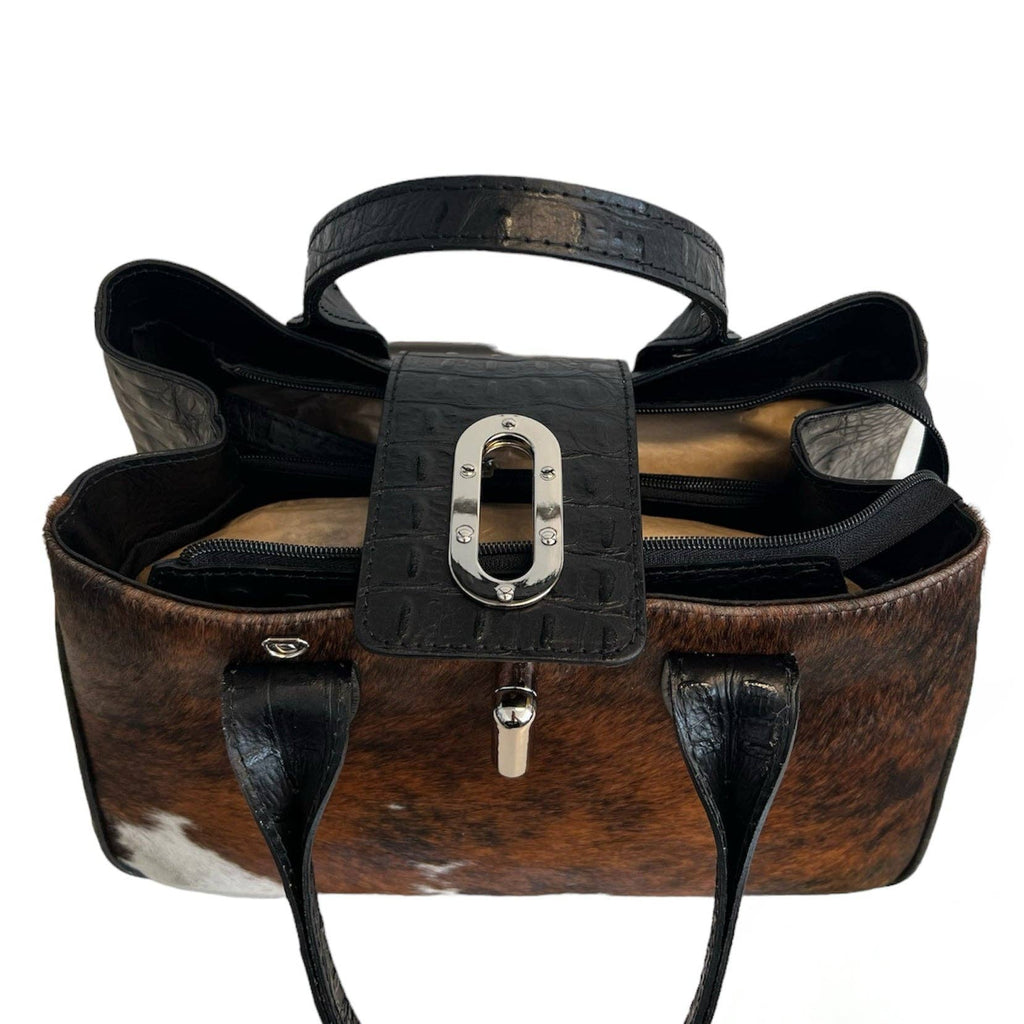 Sac à main Modarno en cuir véritable avec imprimé crocodile et poney 35x18x24 cm: Panthère noire