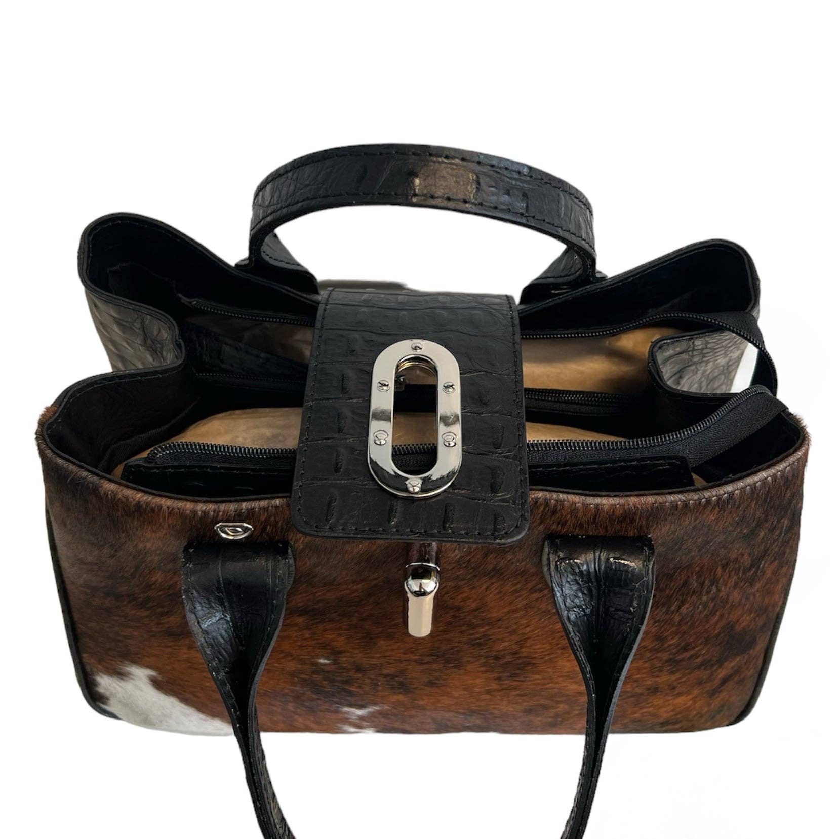 Sac à main Modarno en cuir véritable avec imprimé crocodile et poney 35x18x24 cm: Panthère noire