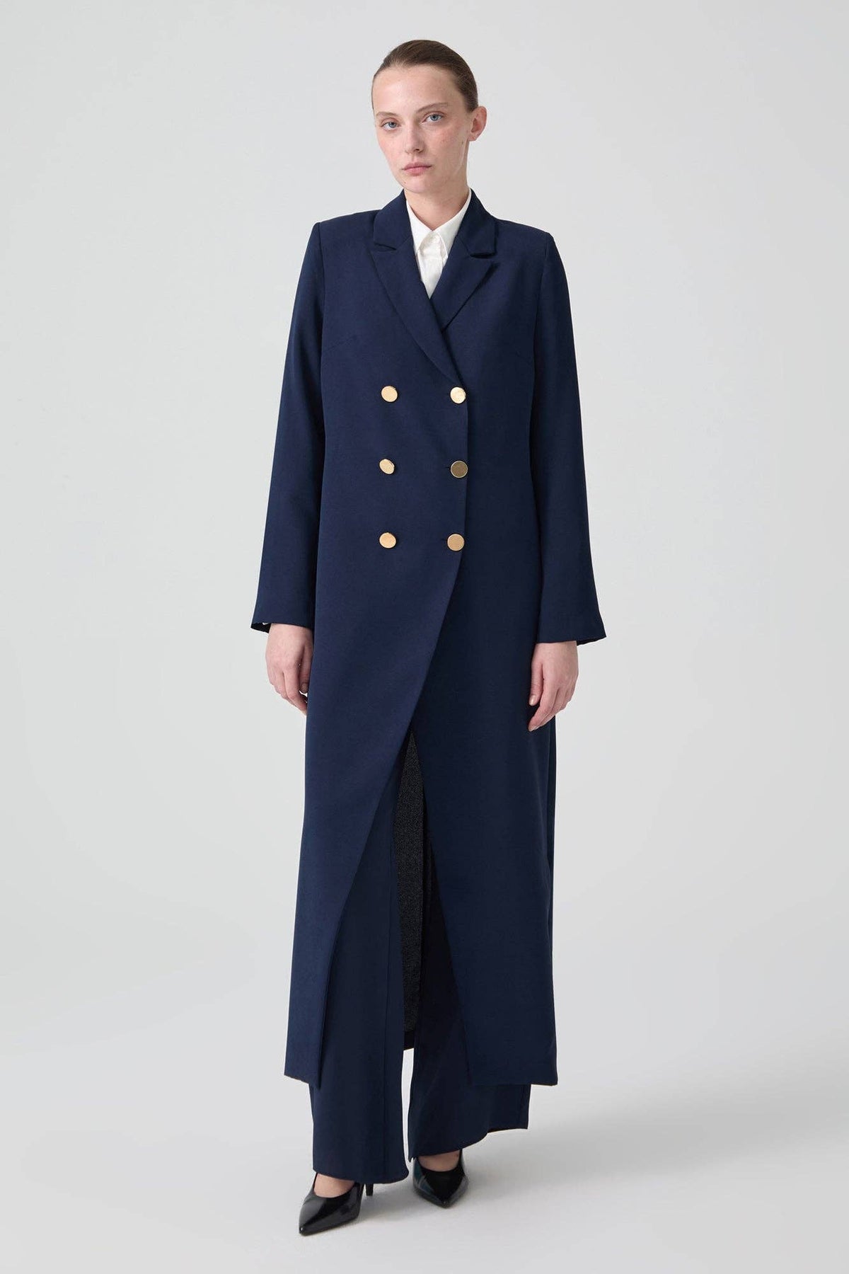 Robe-blazer maxi croisée – Longue en crêpe, coupe ajustée: Bleu Marine