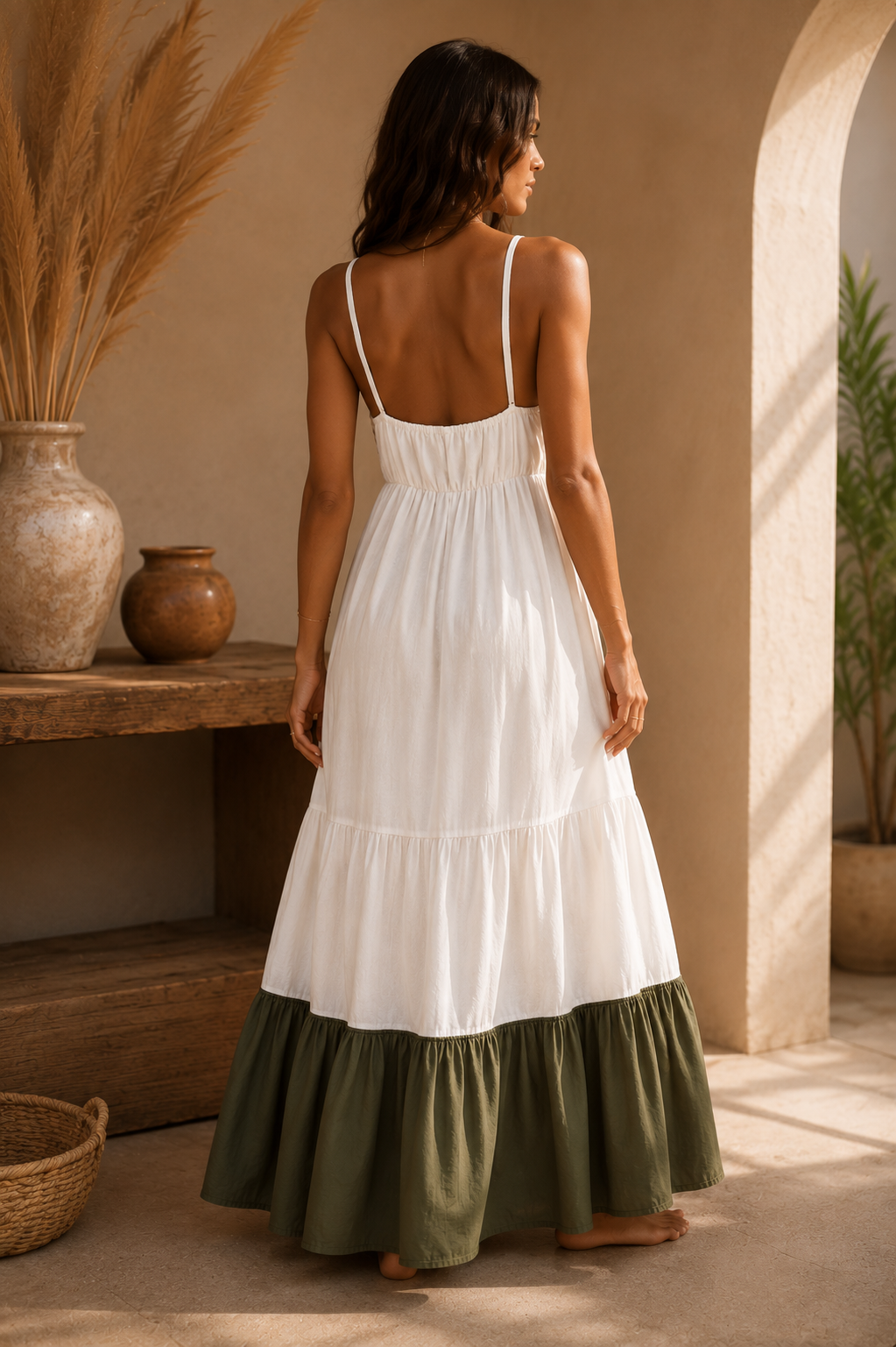 Robe Longue Bohème Élégance Crochet – Blanc Cassé & Vert Olive