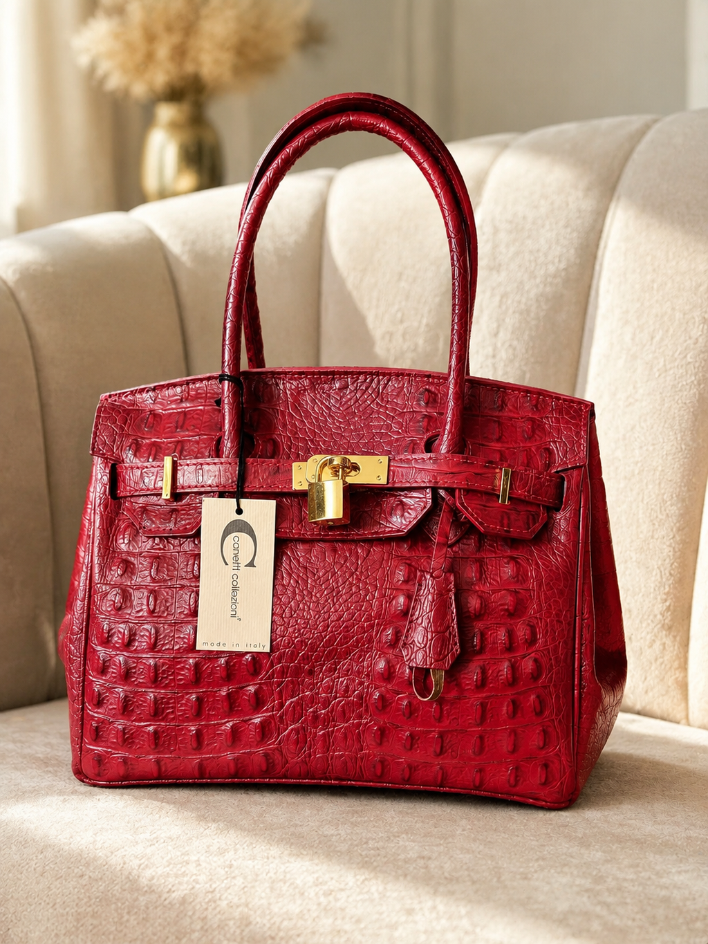 Sac à main rouge effet crocodile avec cadenas doré – Élégance italienne