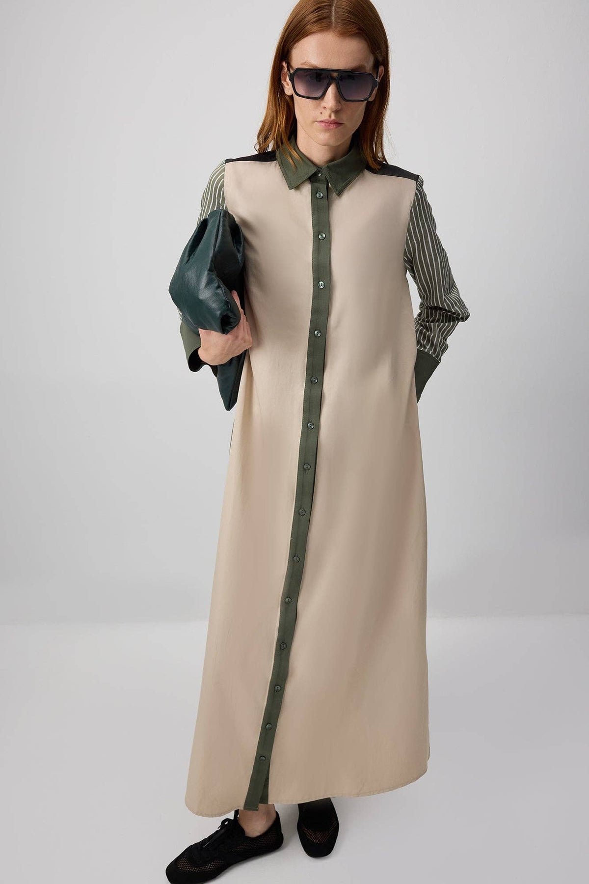 Robe-chemise maxi rayée bicolore – mélange de coton à blocs de couleur