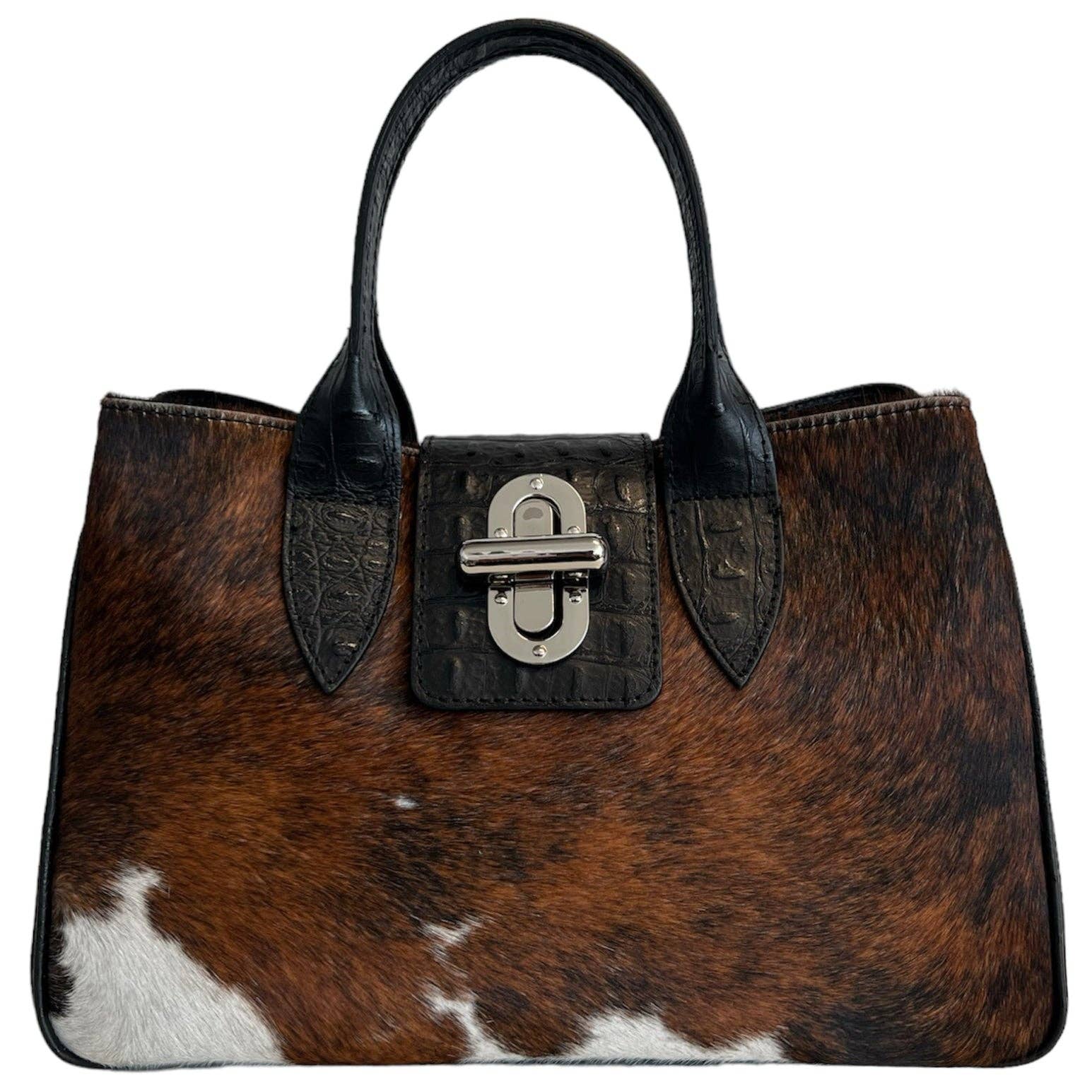 Sac à main Modarno en cuir véritable avec imprimé crocodile et poney 35x18x24 cm: Panthère noire