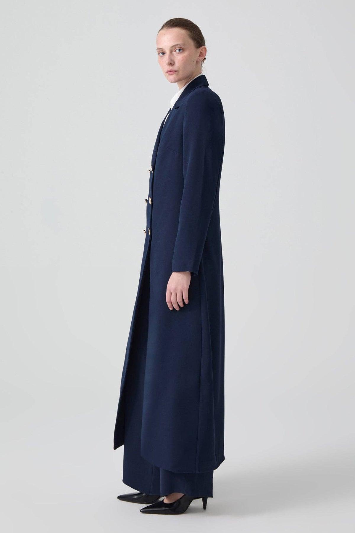 Robe-blazer maxi croisée – Longue en crêpe, coupe ajustée: Bleu Marine