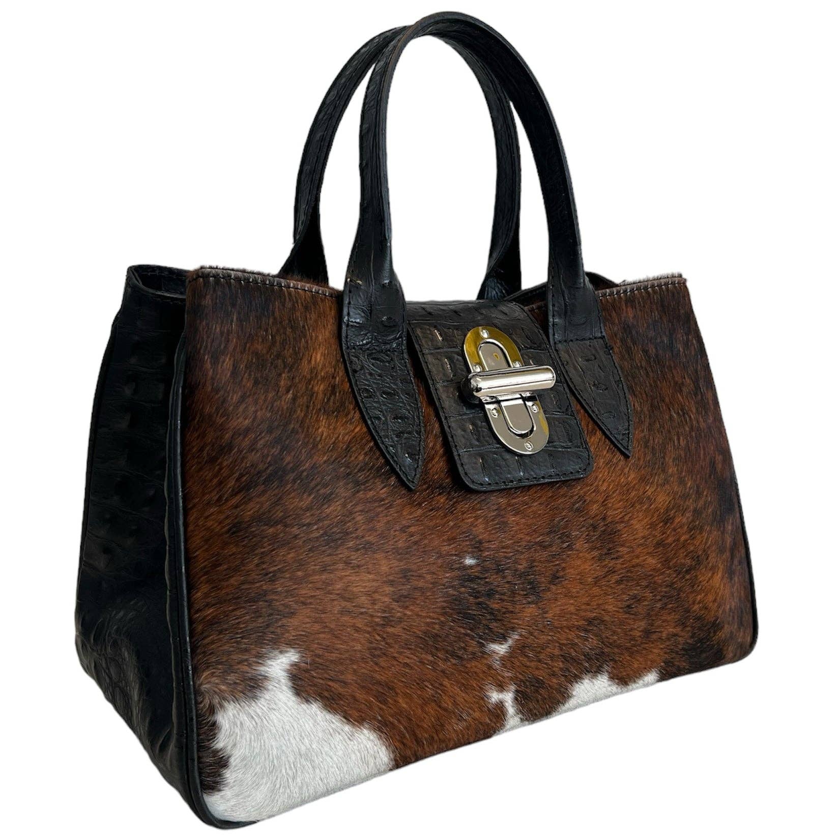 Sac à main Modarno en cuir véritable avec imprimé crocodile et poney 35x18x24 cm: Panthère noire