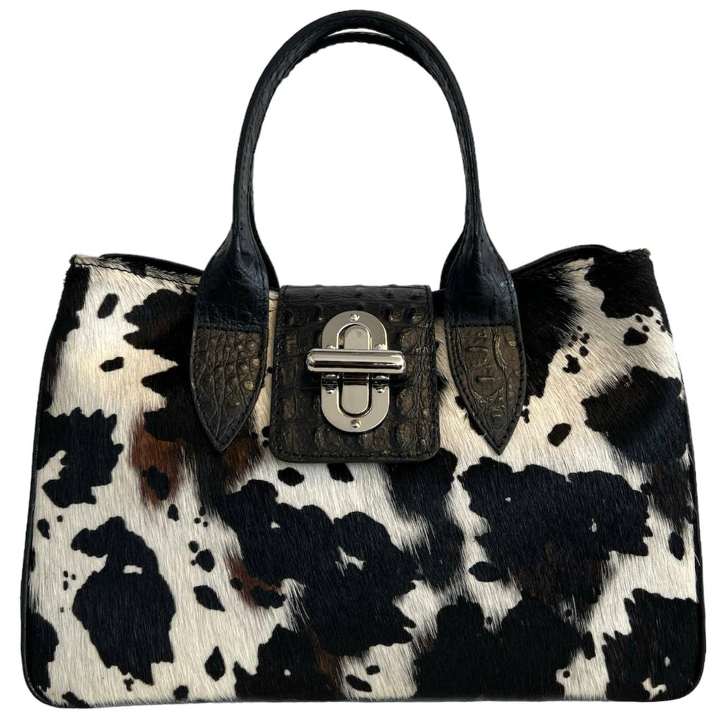 Sac à main Modarno en cuir véritable avec imprimé crocodile et poney 35x18x24 cm: Panthère noire