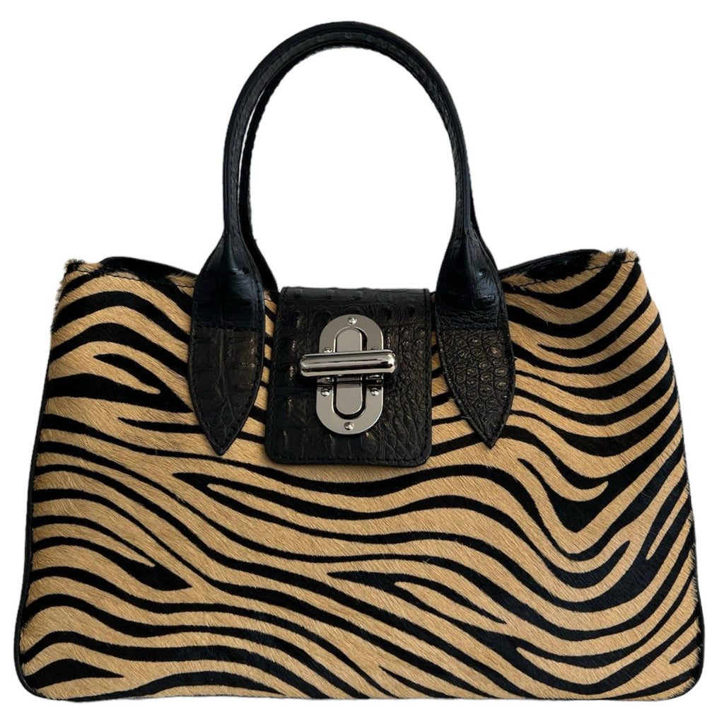 Sac à main Modarno en cuir véritable avec imprimé crocodile et poney 35x18x24 cm: Panthère noire