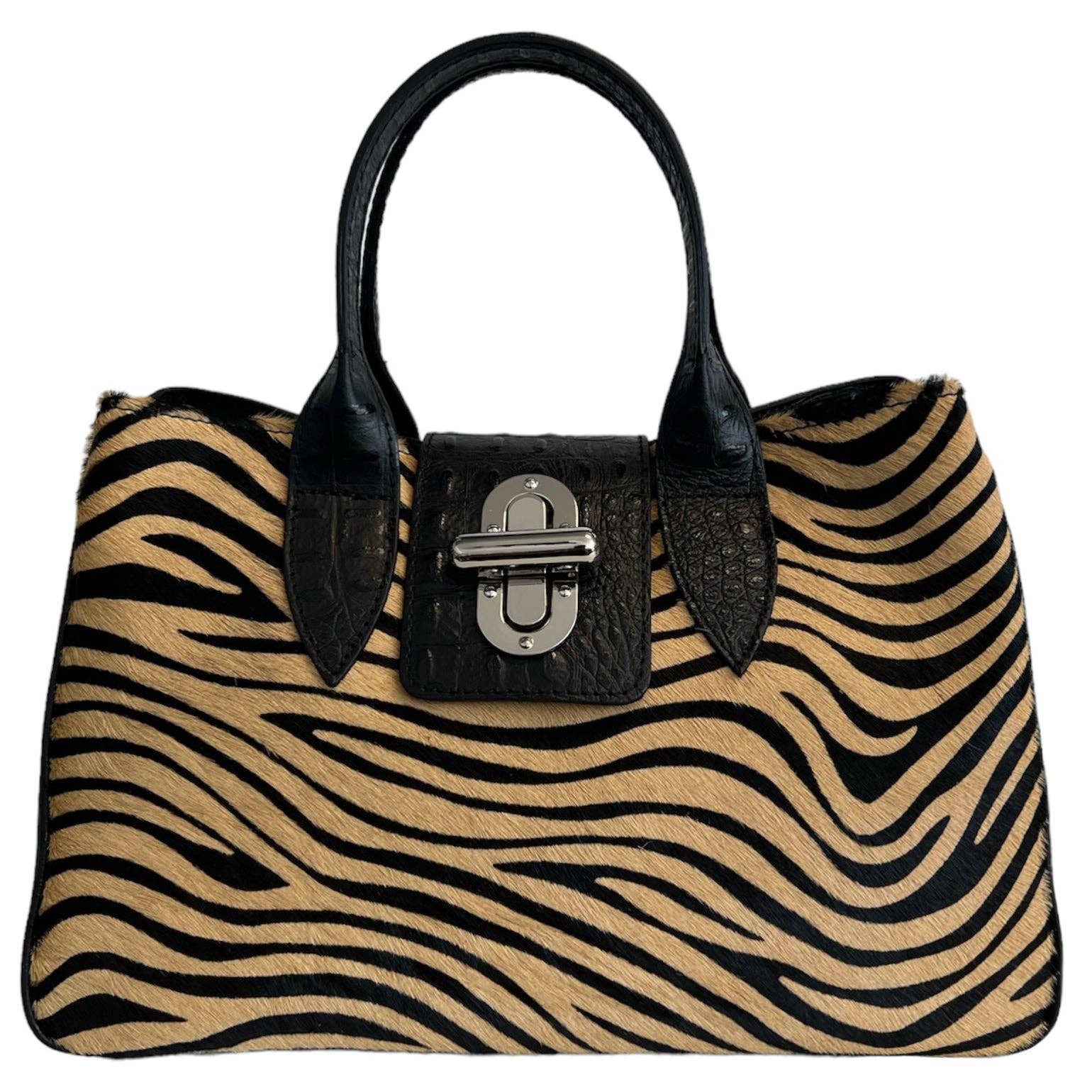 Sac à main Modarno en cuir véritable avec imprimé crocodile et poney 35x18x24 cm: Panthère noire