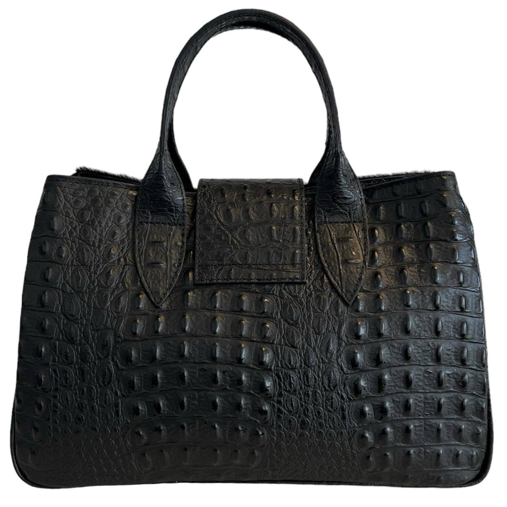 Sac à main Modarno en cuir véritable avec imprimé crocodile et poney 35x18x24 cm: Panthère noire