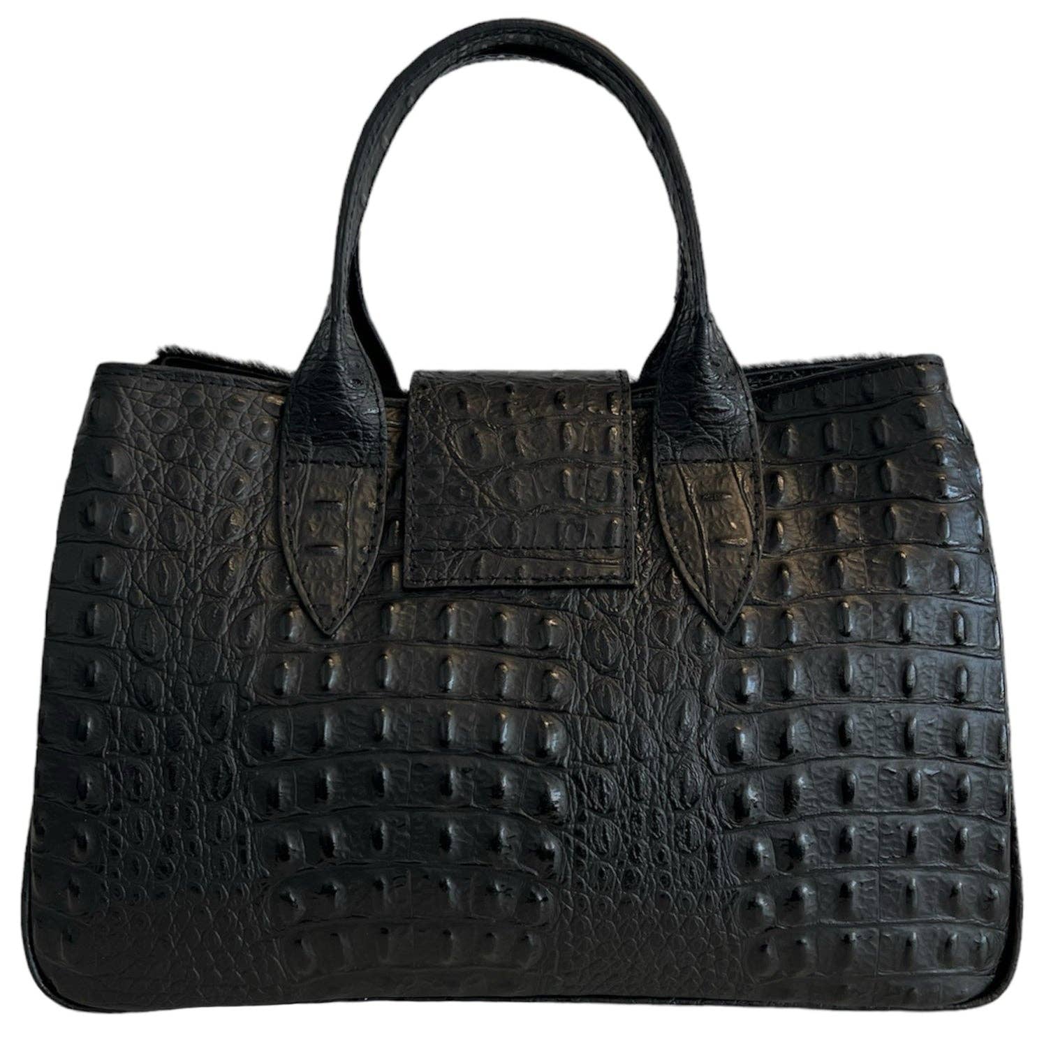 Sac à main Modarno en cuir véritable avec imprimé crocodile et poney 35x18x24 cm: Panthère noire