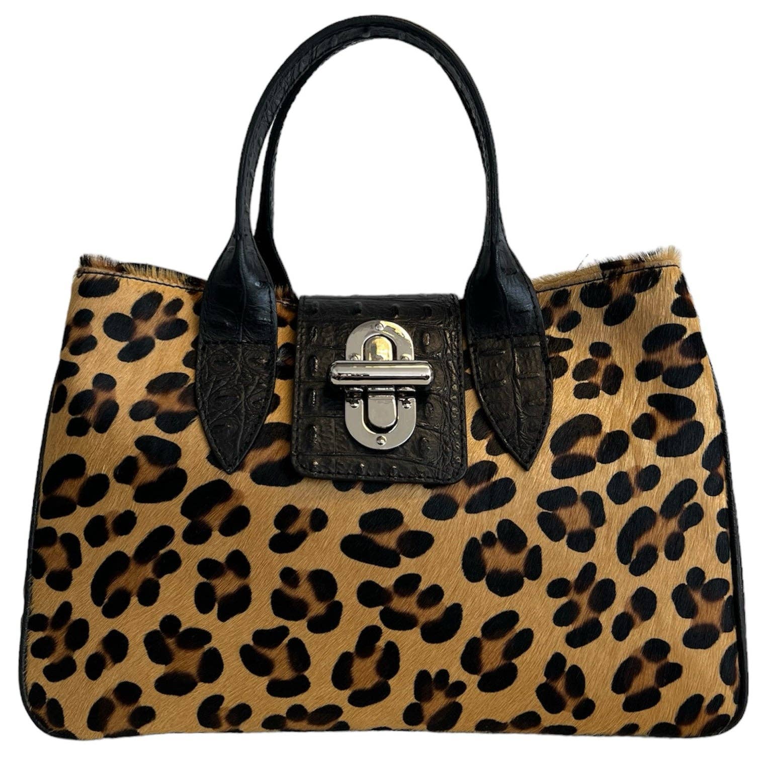 Sac à main Modarno en cuir véritable avec imprimé crocodile et poney 35x18x24 cm: Panthère noire