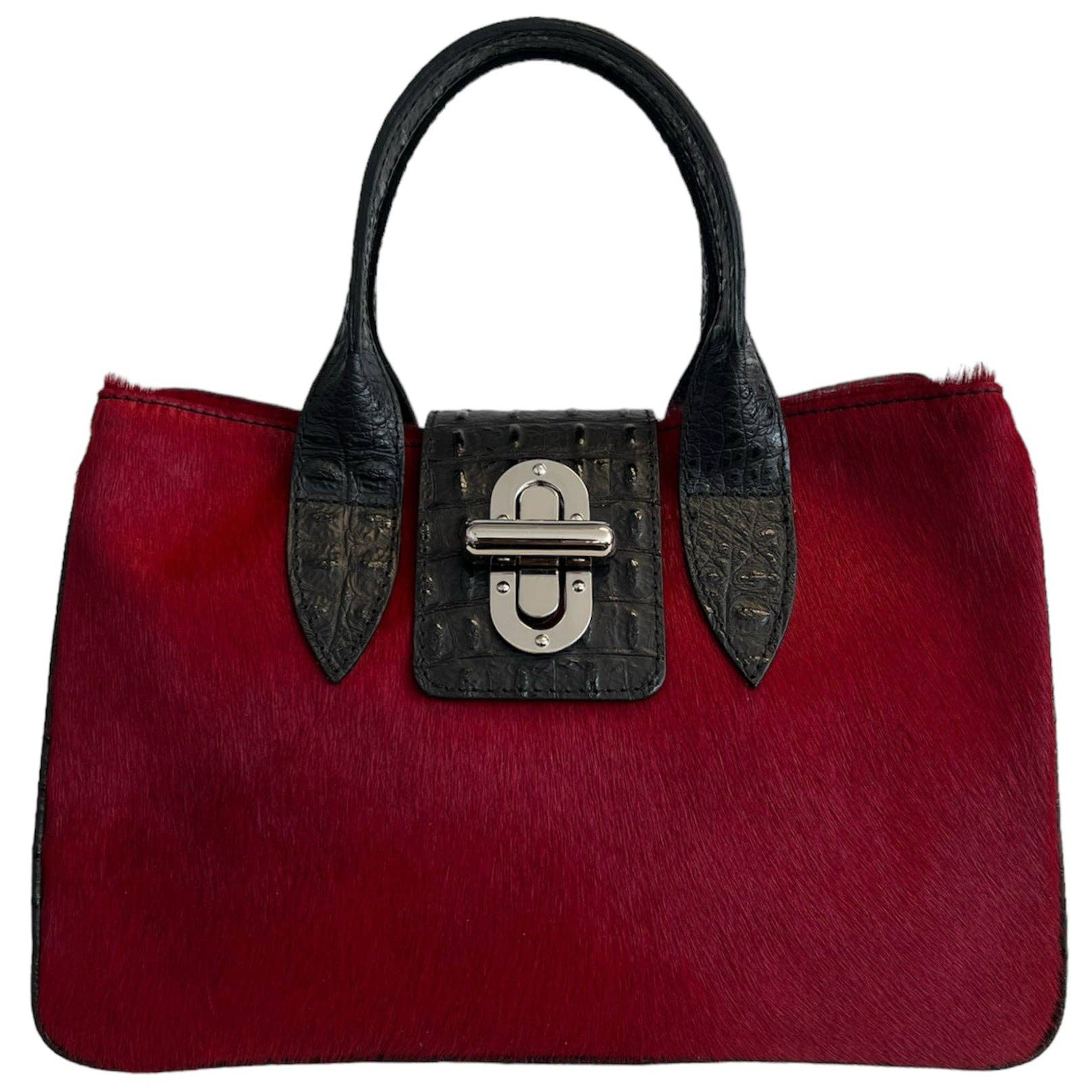 Sac à main Modarno en cuir véritable avec imprimé crocodile et poney 35x18x24 cm: Panthère noire