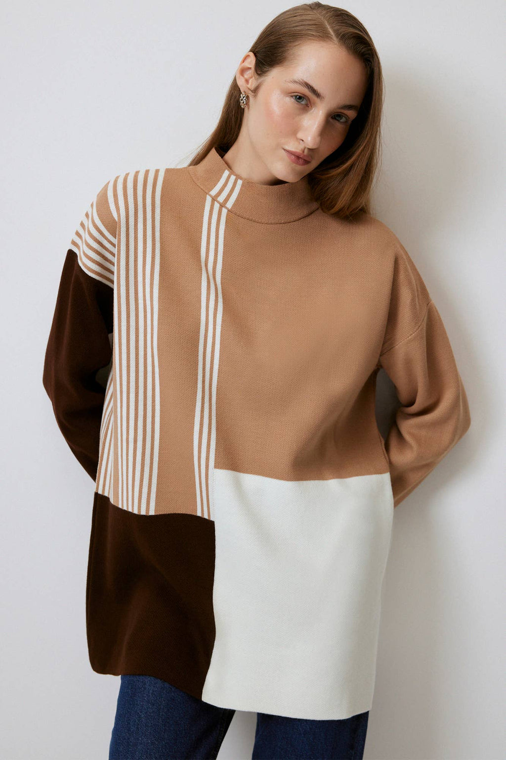 TUNIQUE EN TRICOT AVEC BANDE D'ENCOLURE: Marron / L